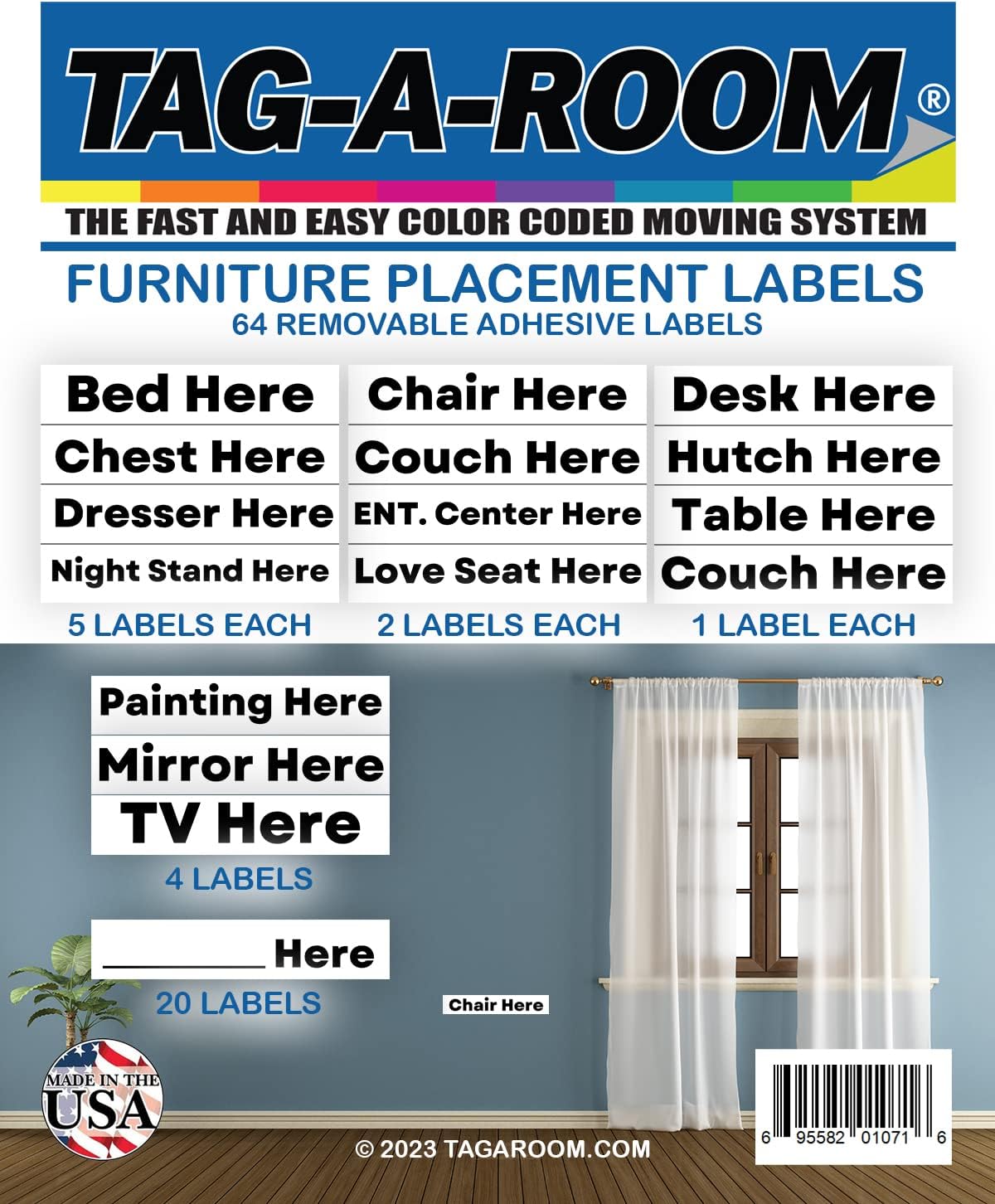 Tag-A-Room Furniture Placement Moving Label Stickers, 64 Count