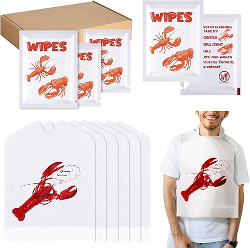 Wesiti 100 Pcs Lobster Crab Bib Wet Wipe Set 50 Crawfish Bib Disposable Adult 50 Moist Towelettes Seafood Boil Party Supply