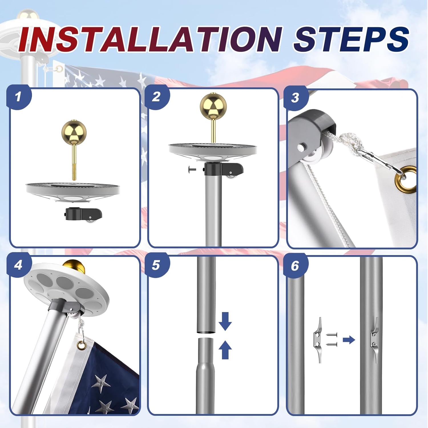 Flagpole Kit 11 Guage 2.3 mm with Solar Light, 120 MPH Flag Pole Hardware Kit 20FT Silver with Flag, Heavy Duty for Outside House In Ground Use - Image 8