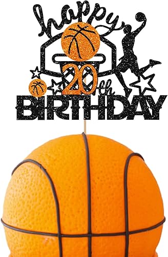 Decoración de baloncesto para pastel de cumpleaños número 20, decoración de pastel de baloncesto con purpurina negra y naranja, decoración de pastel