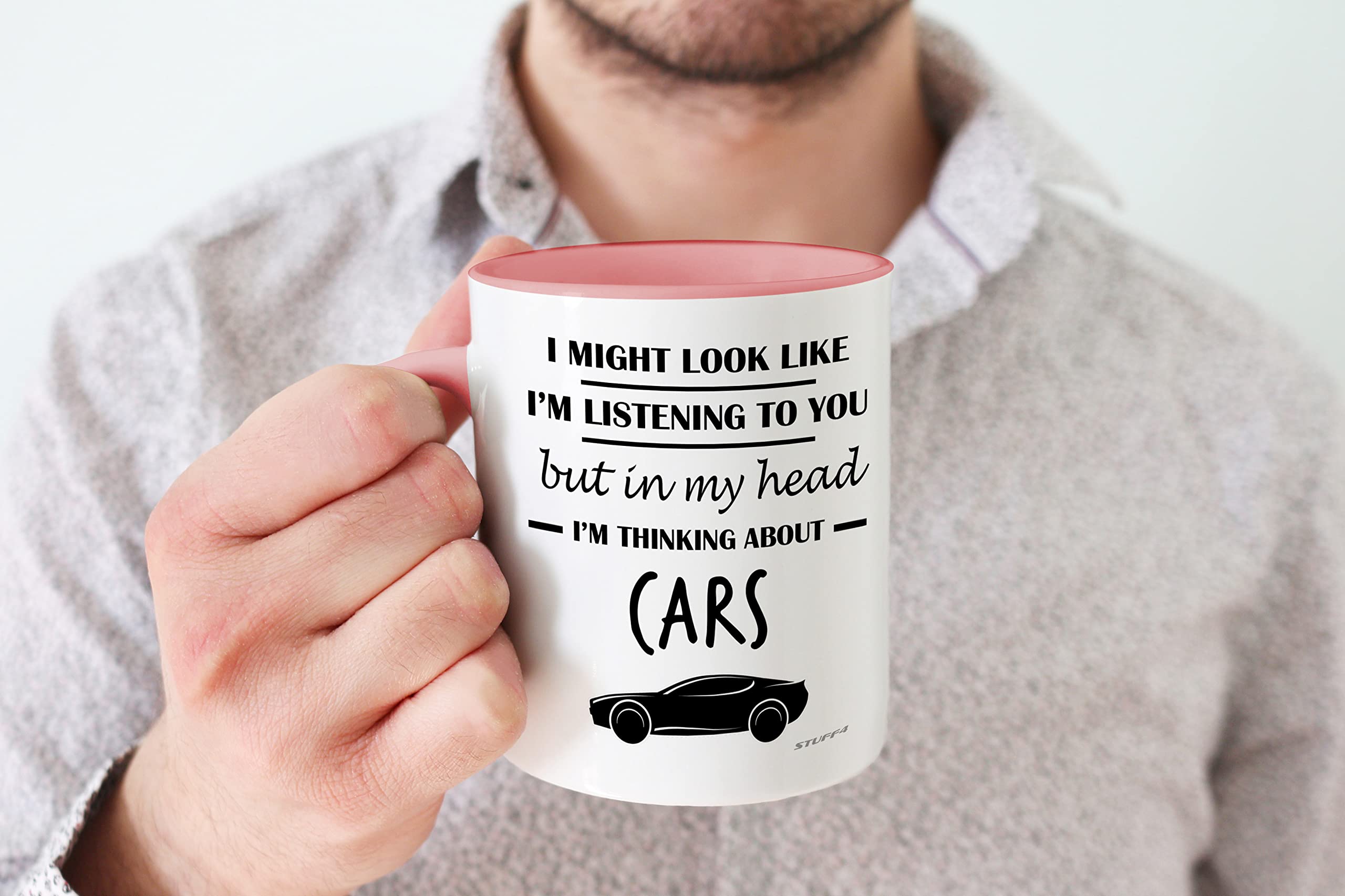 Stuff4 Gifts for Car Enthusiasts - in My Head I'm Thinking About Cars - Funny Classic Car Mug, Gifts for Cars Lovers, Petrol Head Gifts, 11oz Ceramic Dishwasher Safe Premium Pink Handle Mugs - Image 4