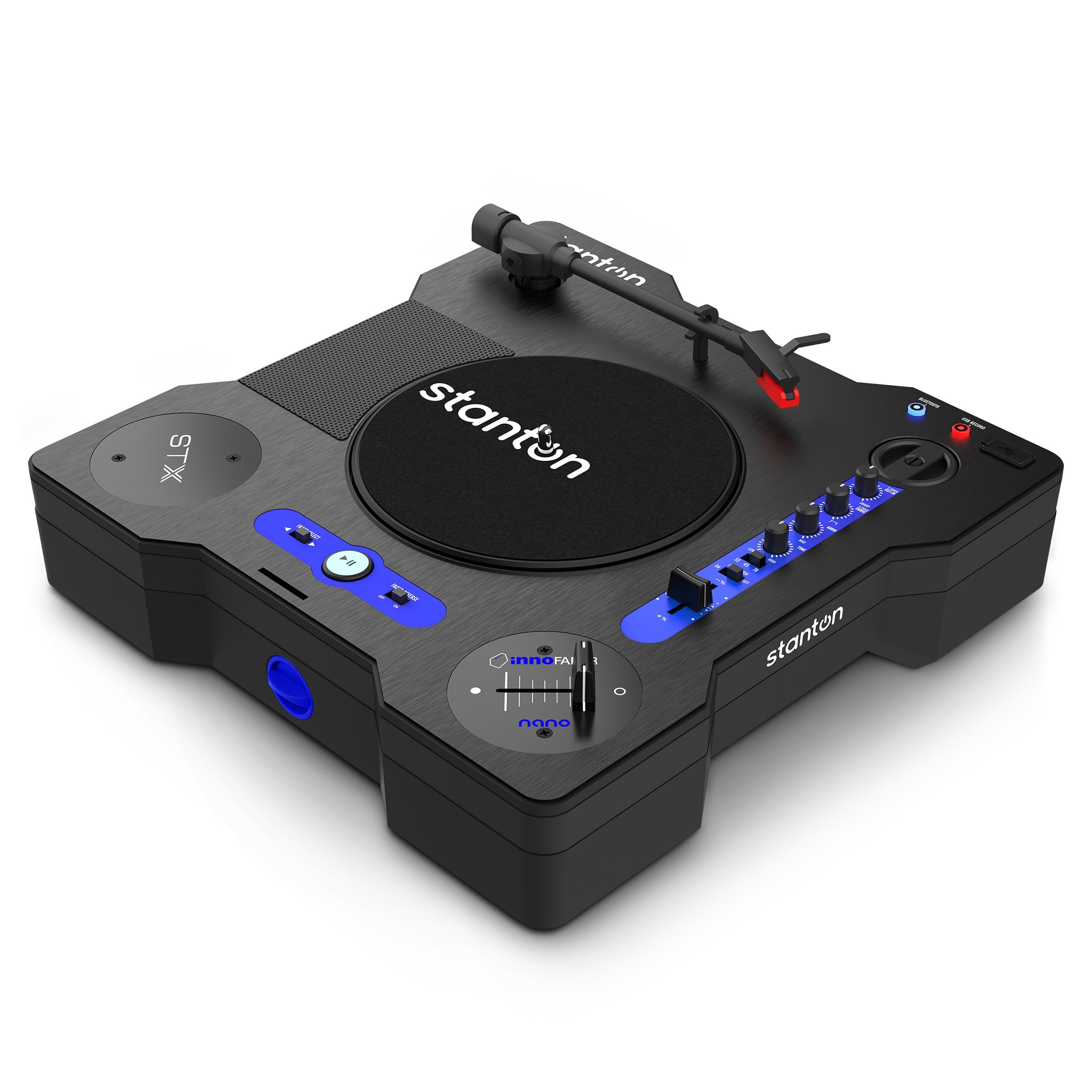 Stanton STX - Platine DJ de Scratch Portable avec Innofader Nano, Bluetooth, Curseur de Pitch, Enregistrement USB, Haut-Parleur, Piles Rechargeables