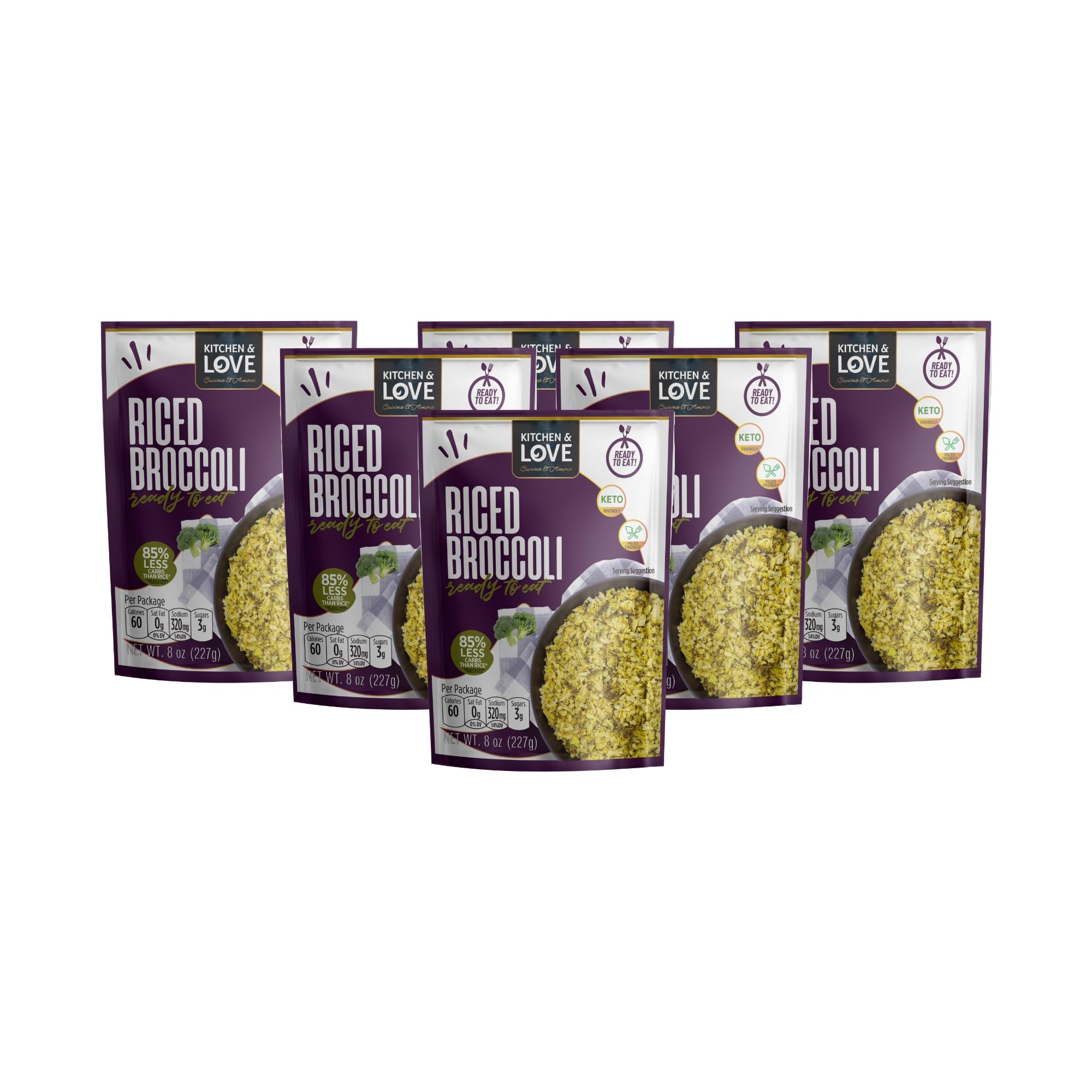 Kitchen & Love Riced Broccoli 8 oz (6 Pack) | Low Carb & Calorie, Vegan, Ready to Eat Food, Shelf Stable Food, Plant-Based, Pasta & Rice Alternative…
