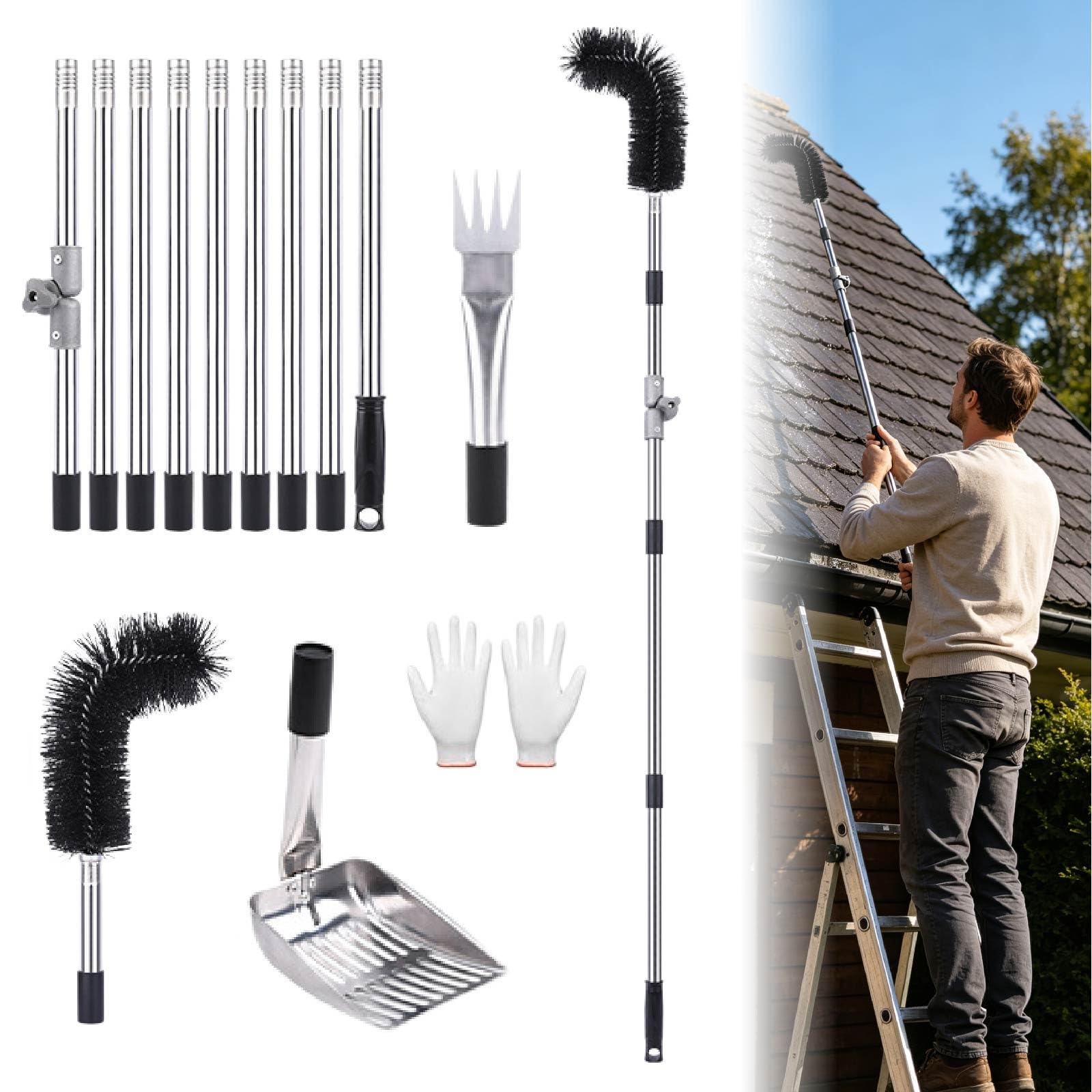 Extra Long Telescopic Gutter Cleaner, 4m Aluminum Roof Gutter Cleaning Tools Kit with 180° Swivel Head, Gutter Brush, Leaf Shovel & Rake for Guard Debris Removal (C)