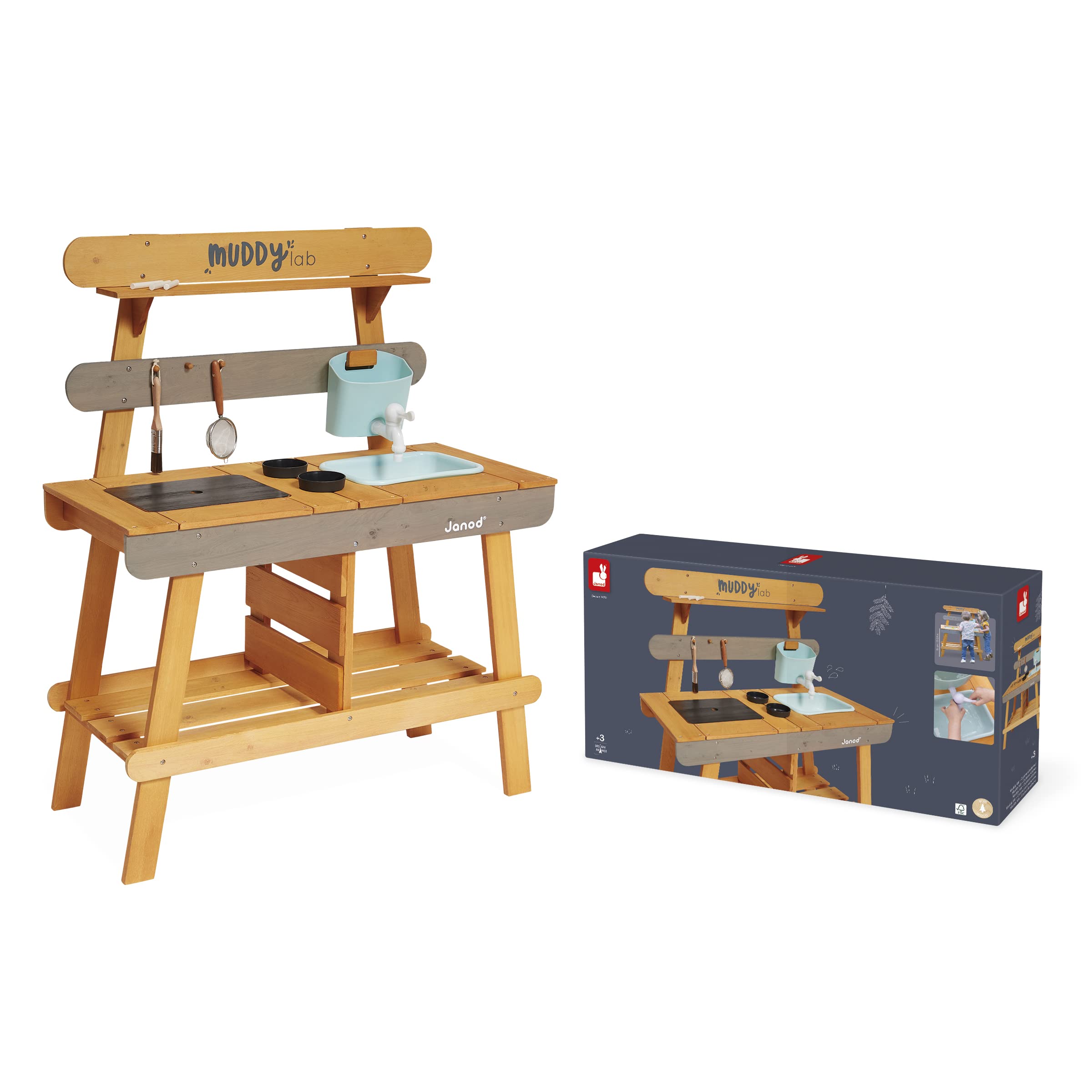 Janod - Muddy Lab - Kinderküche für draußen aus FSC-Holz - 10 Utensilien - Rollenspielzeug - Outdoor-Kinderspiel - Ab 3 Jahre, J06632