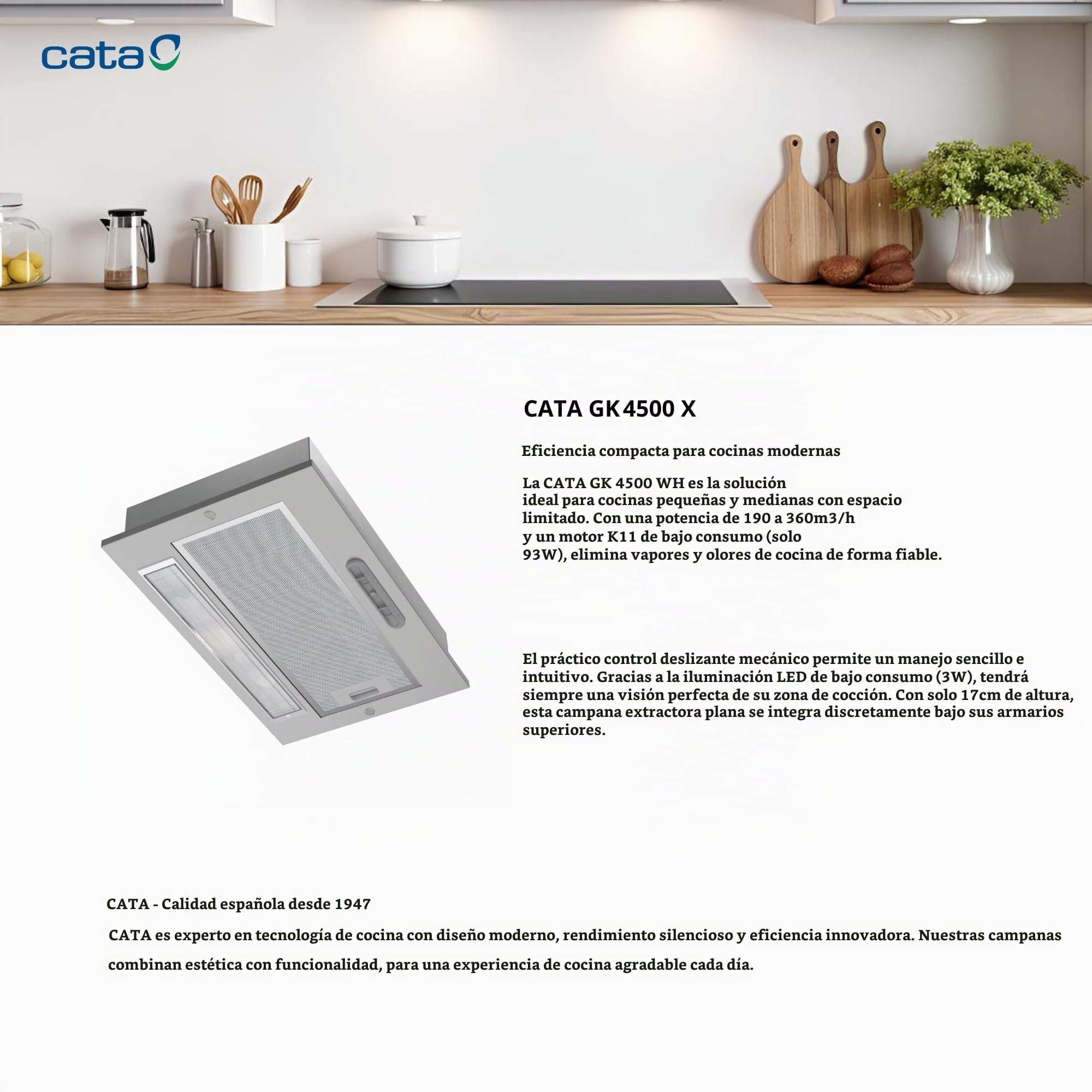 CATA Campana Extractora GK-4500 X Control Deslizante 2 Niveles Extracción 360 m3/h Nivel Sonoro 56 dB Motor K11 Iluminación Color Inox