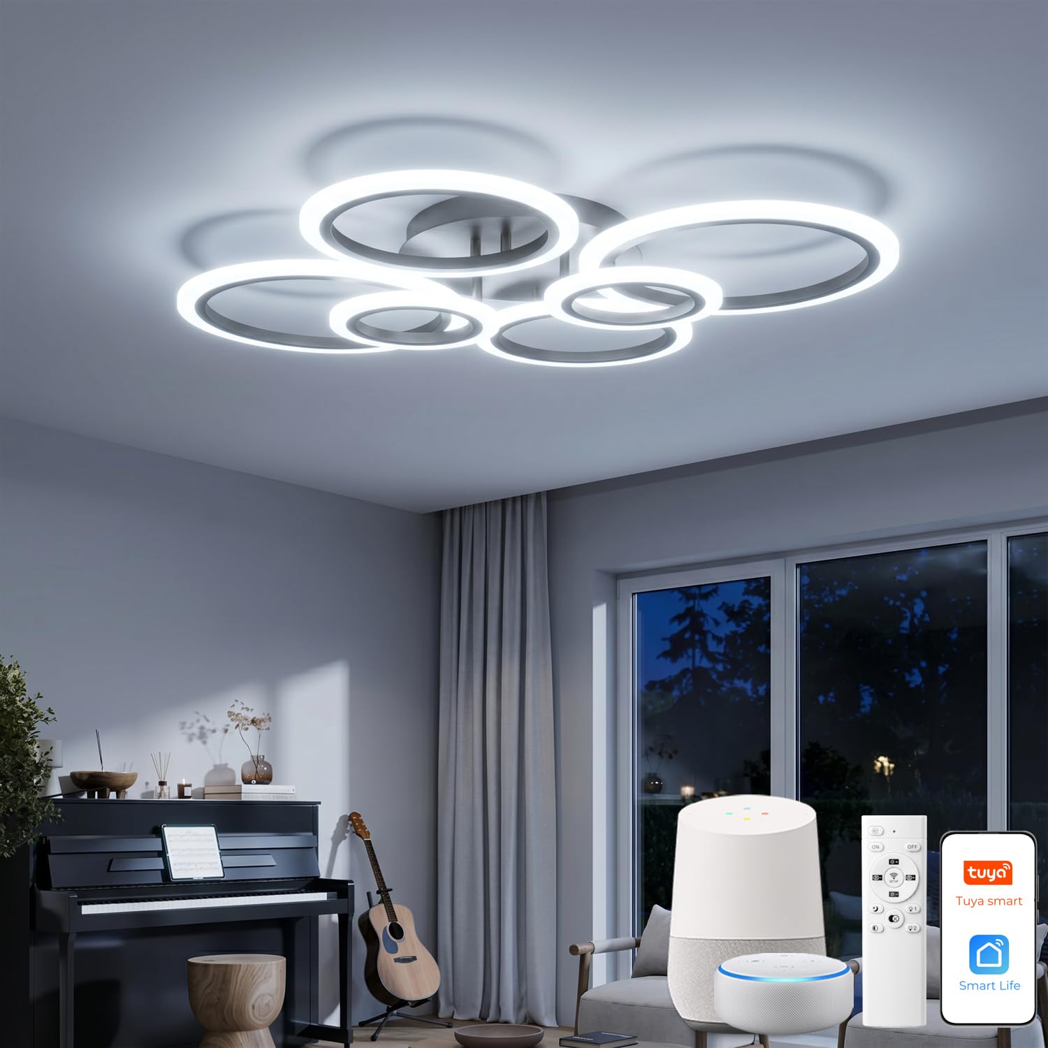Inteligentna lampa sufitowa LED, współpracuje z Alexa i Google Home, ściemniana z regulowaną temperaturą barwową (3000 K-6500 K), nowoczesny design z 6 pierścieniami do salonu, sypialni, czarna