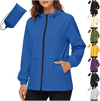 Waterproof Rain Jacket Women Packable Lightweight Hiking Travel Raincoat with Hood Zip Long Sleeve Golf Wind breaker