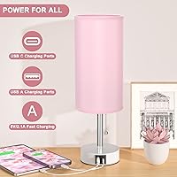 Vista 4 de Hong-in - Lámpara de mesita rosa, 3 modos de color, lámpara pequeña con puertos de carga USB-C y USB-A, cadena de tracción, luz de noche