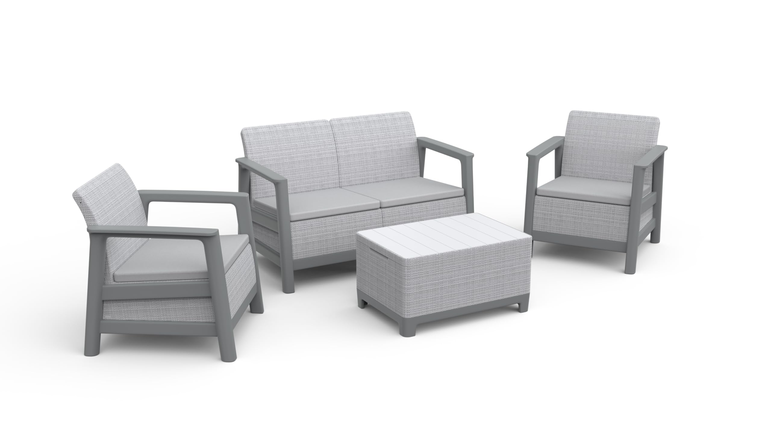 Keter Salottino da Giardino Scandi Linea, Finitura Effetto Iuta, Due Poltrone, Divano, Tavolino Contenitore, Cuscini Inclusi, Grigio