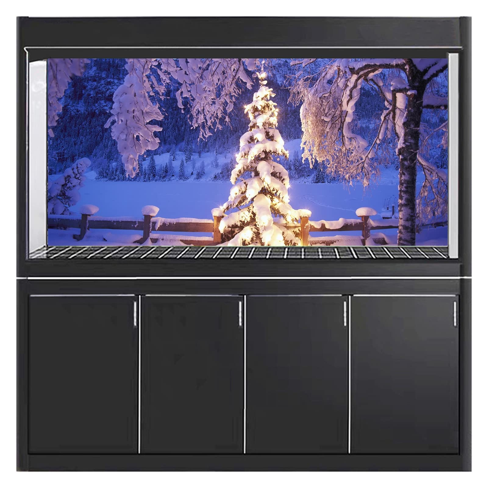 Bahula Christmas Aquarium Poster, 3D Effect Fish Tank Sticker Christmas Tree Background Sticker Thicken Pvc Adhesive Static Cling Backdrop Fish Tank Decorative Paper,91X61cm