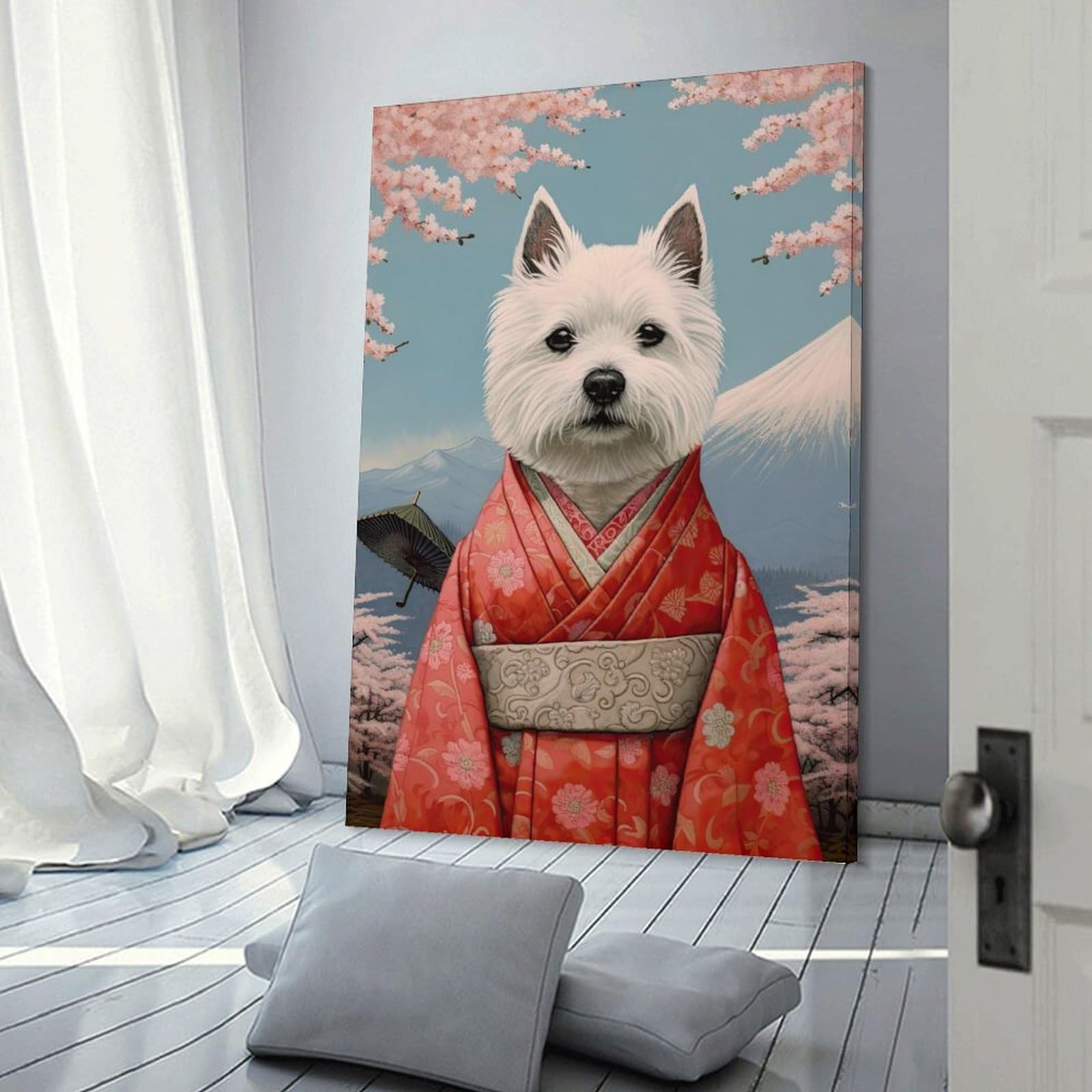 Junmoney Canvas Wall Decor Westie Geisha, 24x36inch(60x90cm), for Flats, Guest Rooms Or Compact Rooms, Wall Decor with Flexible Room Appeal