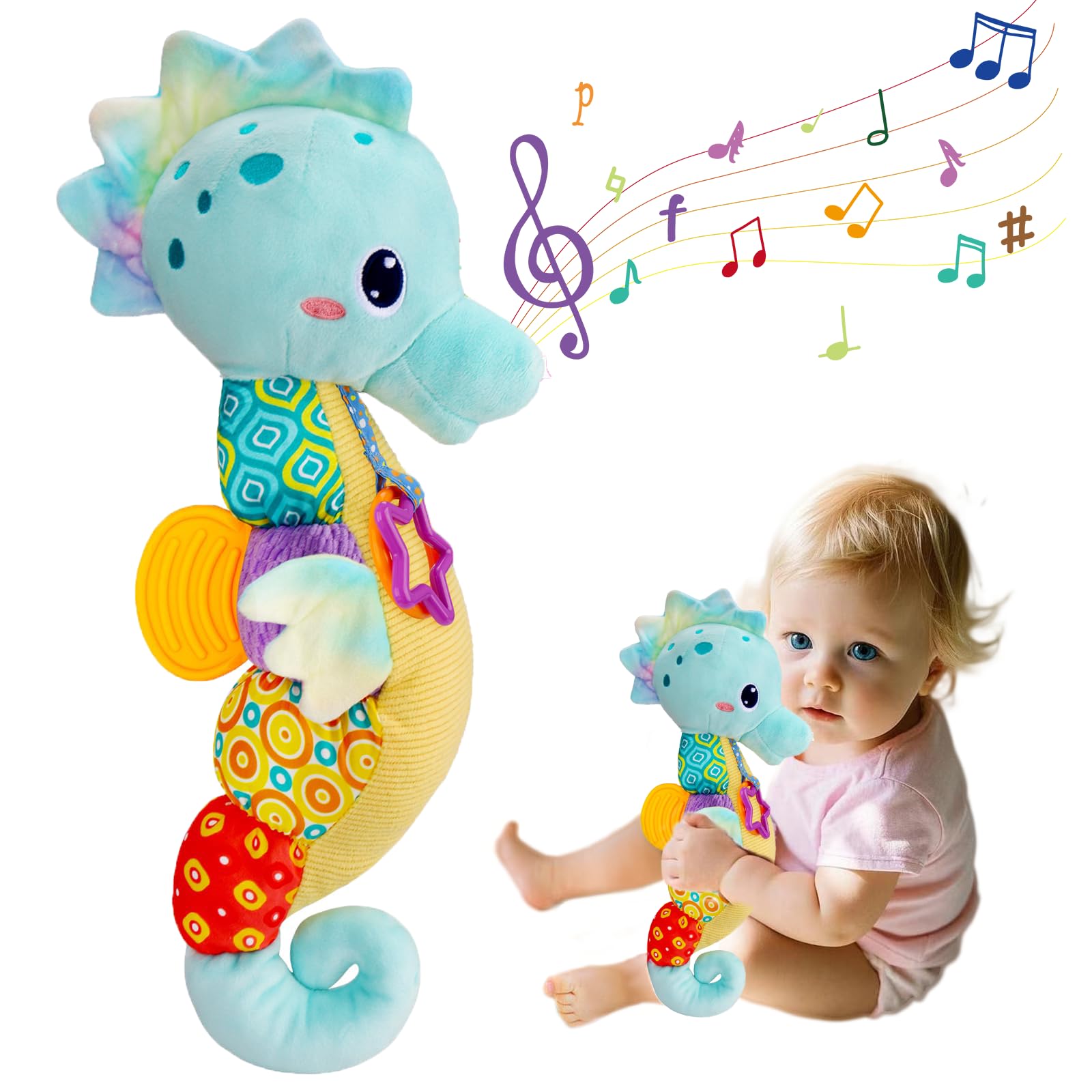 Baby Toys 0-6 Months – 6-in-1 Musical Seahorse Newborn Sensory Toy with Mirror, Teether & Crinkle, Soft Plush Baby Rattles for Tummy Time, Baby Girls Boys 0-12 Months