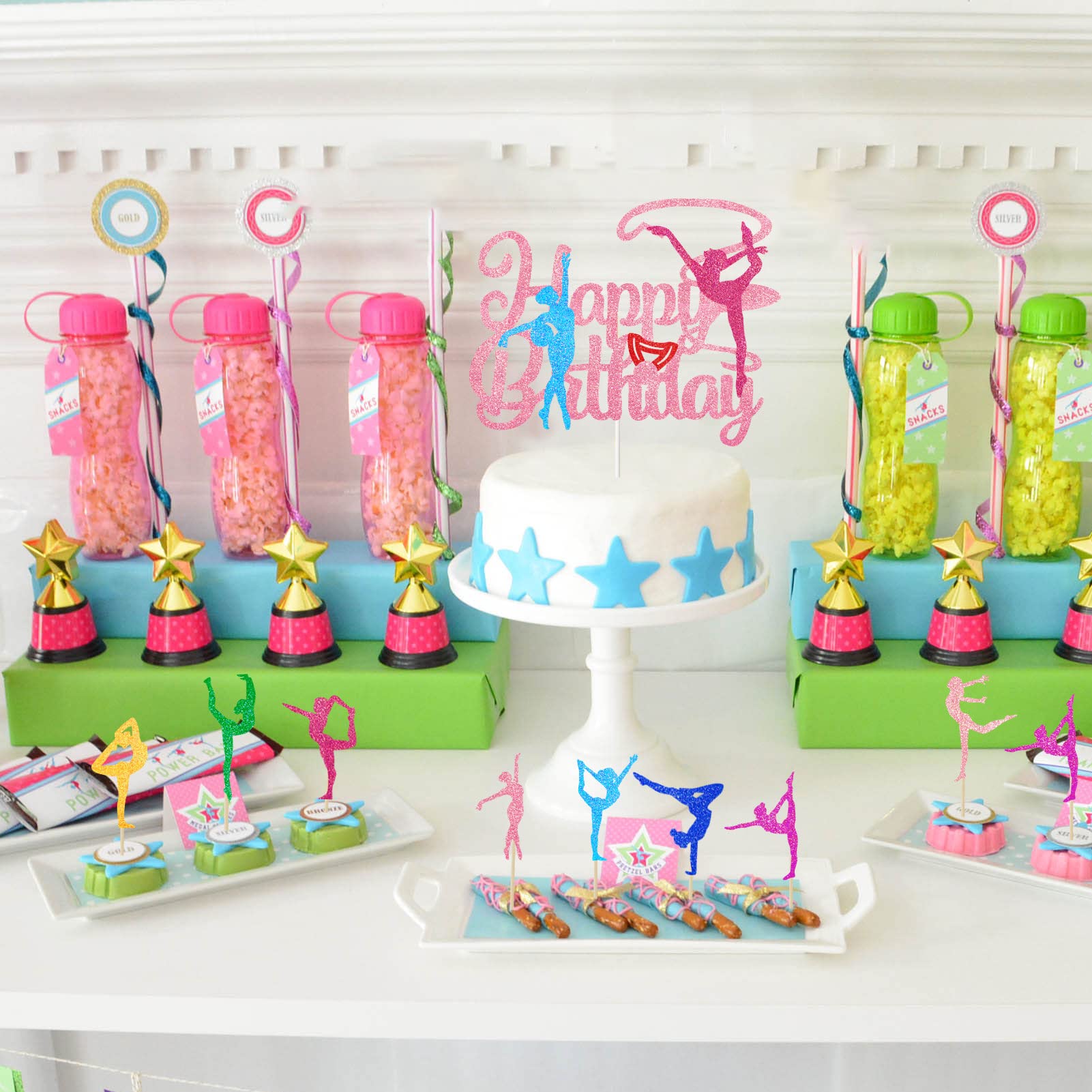 Tarklanda 25 szt. Gimnastyka Happy Birthday dekoracje tortowe brokat gimnastyczka dziewczyna babeczki toppery kolorowa sylwetka dla tematu baby shower artykuły imprezowe