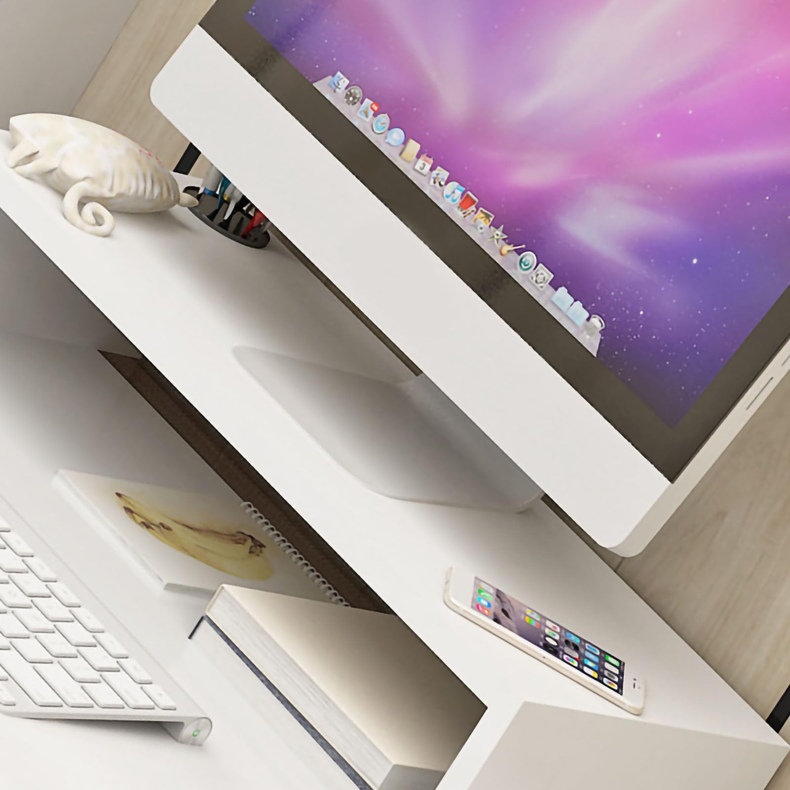 YUYTE Supporto Ergonomico con Spazio Aggiuntivo per la Scrivania, Elegante Base Rialzata Bianca Calda Migliore Postura e Organizzazione (Bianco caldo)
