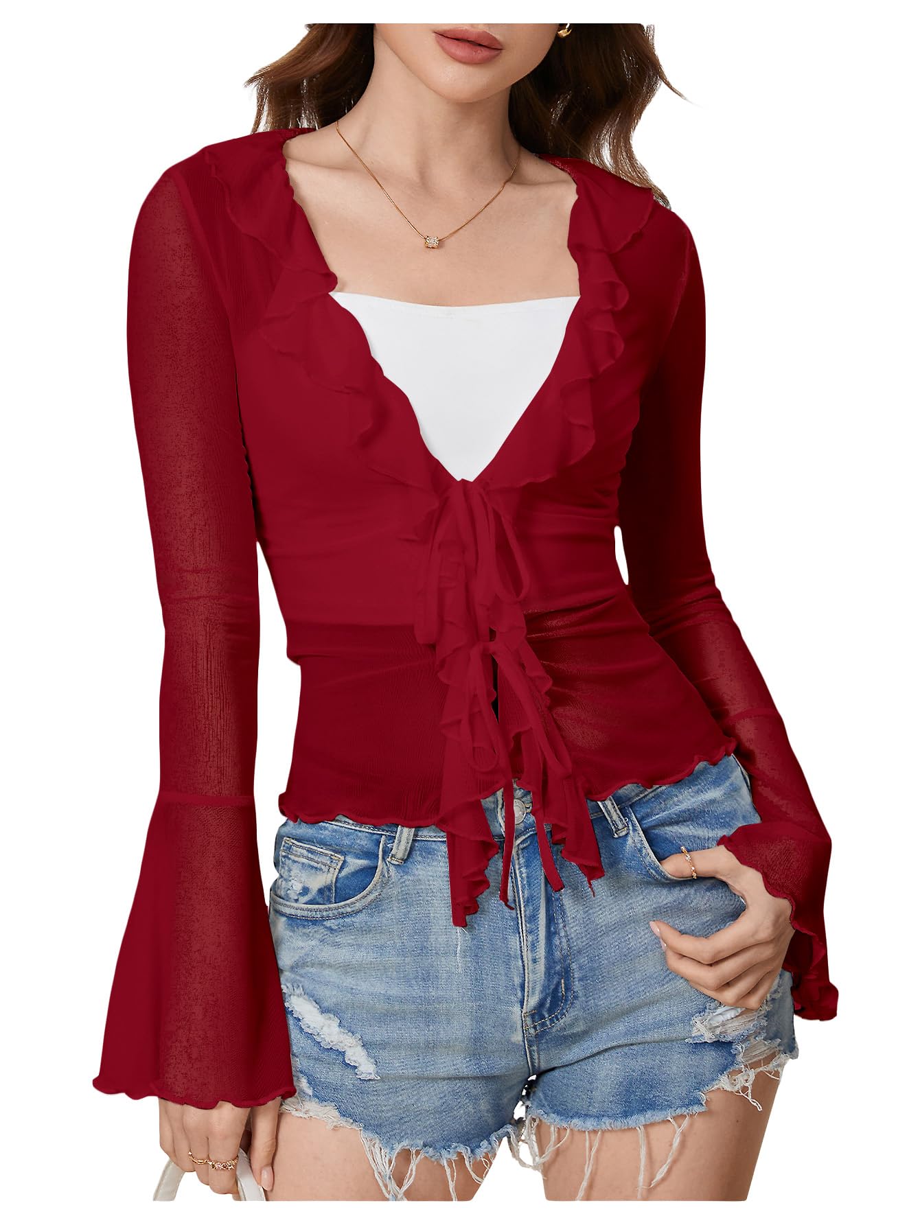GORGLITTER Womens Bell Sleeve Tie Front Mesh Tops Sheer Cardigan Ruffle Going Out Concert Western Vintage Blouse Shirt