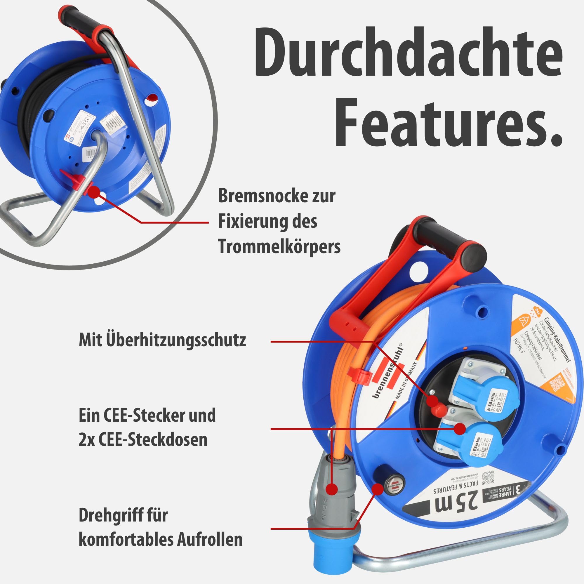 Brennenstuhl CEE 230V Camping-Kabeltrommel (25m H07RN-F 3G2,5 Kabel in orange, Kabeltrommel mit 2 CEE-Steckdosen, für den ständigen Einsatz im Außenbereich IP44, Made in Germany)