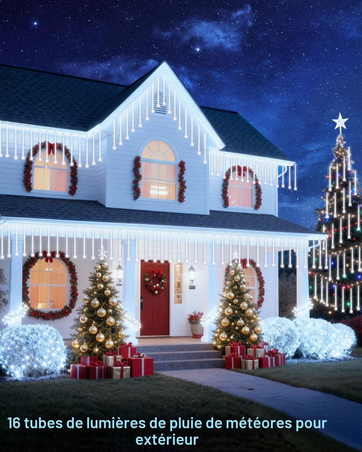 PEMOTech Guirlande Lumineuse de Noël Extérieure, 16 Tubes 40 CM 576 LED Pluie de Météores, Décoration Étanche pour Fête, Arbre, Jardin