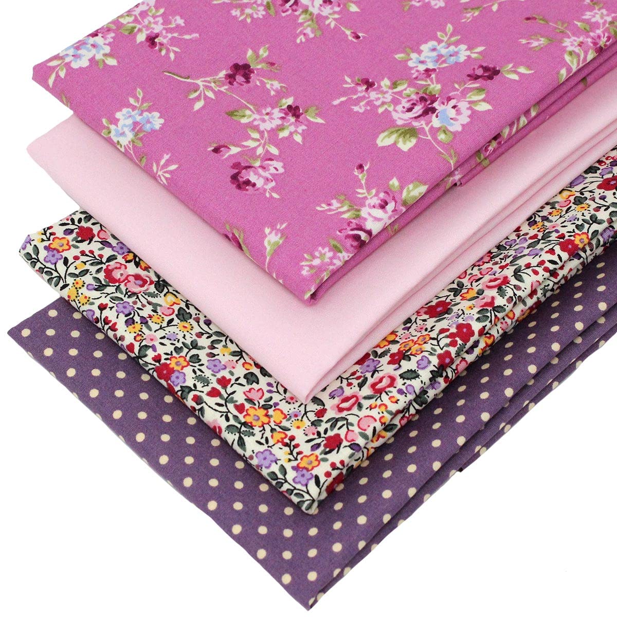 4 Fat Quarters Bundle - 'Floral Scene - Pink' Pretty Floral, Polka & Plain Fabrics in Pink and Mauve. Ideal For Quilting, Patchwork & Crafting. 100% Cotton (free patchwork pattern by Overdale Fabrics)