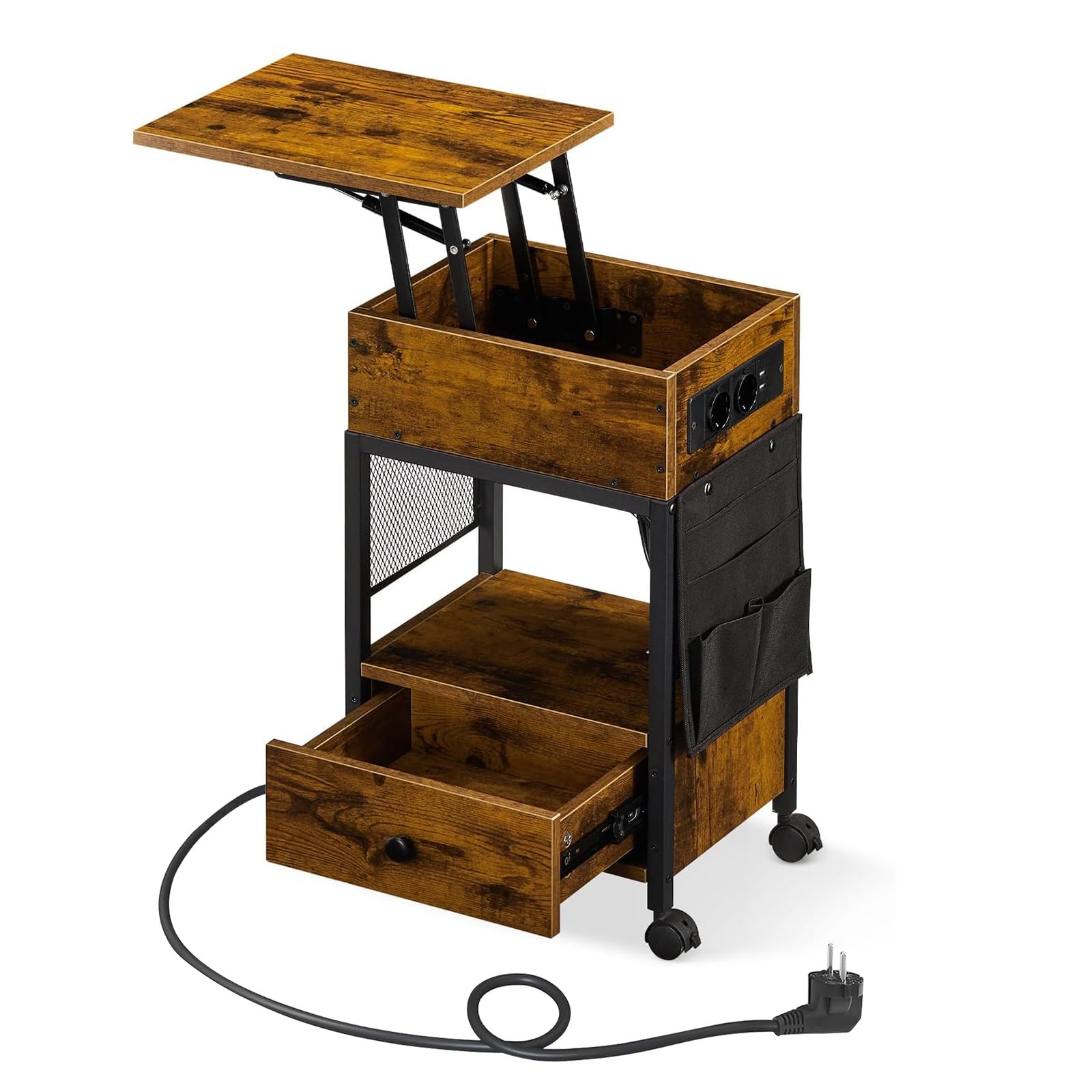CLIPOP Nachttisch höhenverstellbar, Beistelltisch mit Ladestation, Nachtschrank mit 2 AC-Anschlüssen, 2 USB-Anschlüssen, Sofatisch aus Holz für kleine Räume Wohnzimmer Schlafzimmer, Vintagebraun