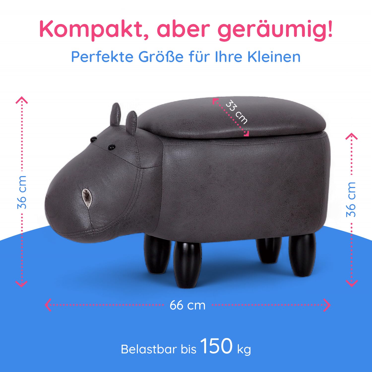 Suleno Nilpferd Tierhocker mit Stauraum, Niedlicher Organizer &, 36 cm | Sitzbox für Kinder, weicher Bezug in Lederoptik, Holzbeine, dekorative Möbel für Kinderzimmer 66 x 36 x