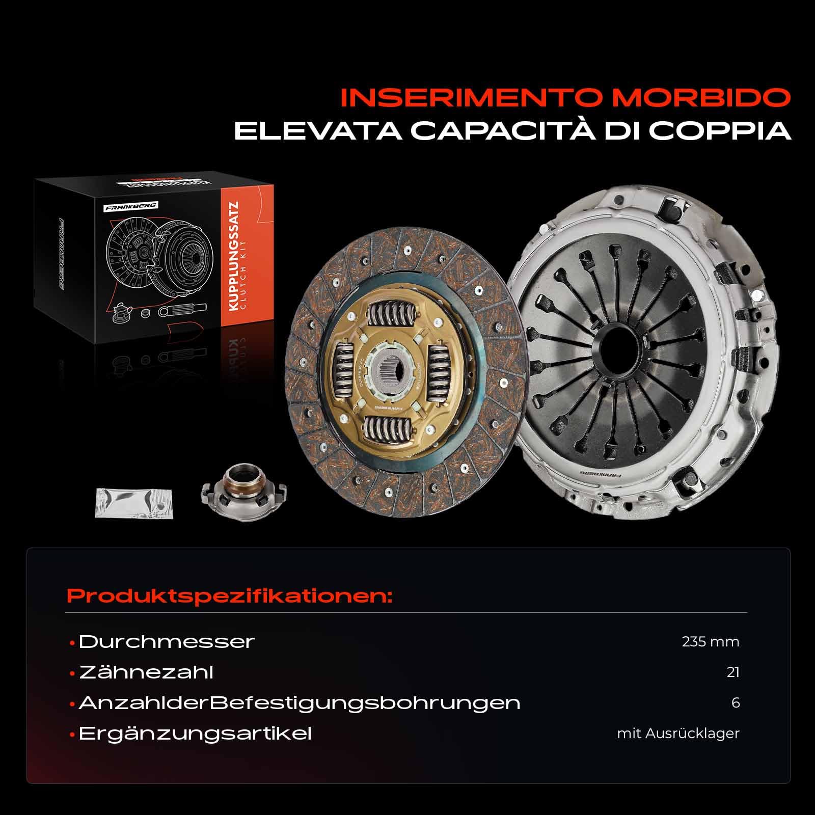 Frankberg Kit frizione con cuscinetto reggisPolita a 21 denti 9635222580 | Compatibile con: Ducato Van 230, Ducato pianale/telaio 230, Ducato Bus 230