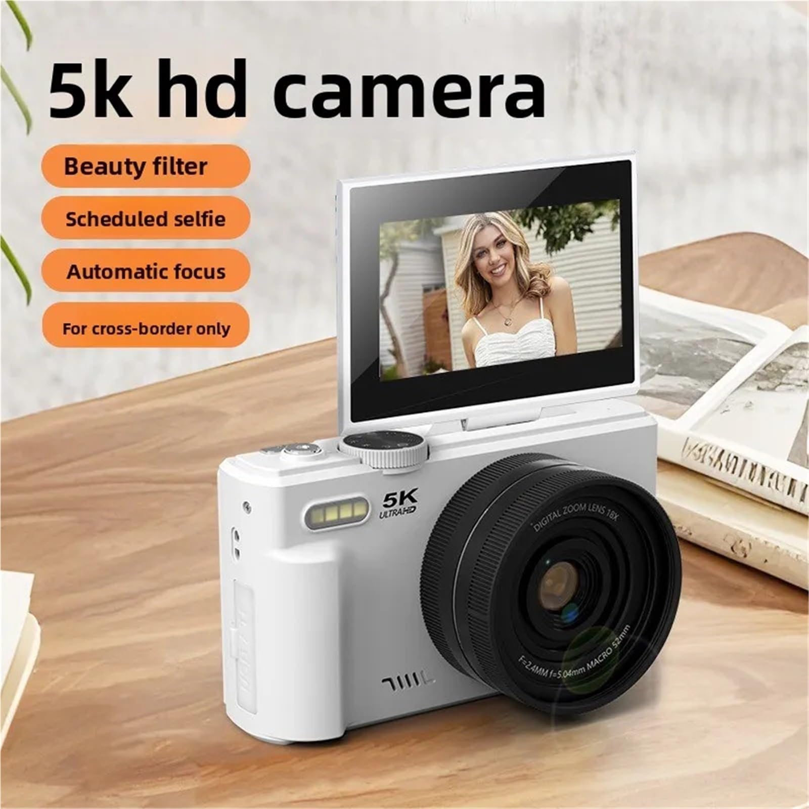 Kamera wideo, Cyfrowy aparat fotograficzny 5K do fotografii, aparat do vlogowania 75 MP, ekran odchylany o 180° 3 cale, punkt zoomu cyfrowego 18X, nagrywaj Camara 32 GB(WD08 White)