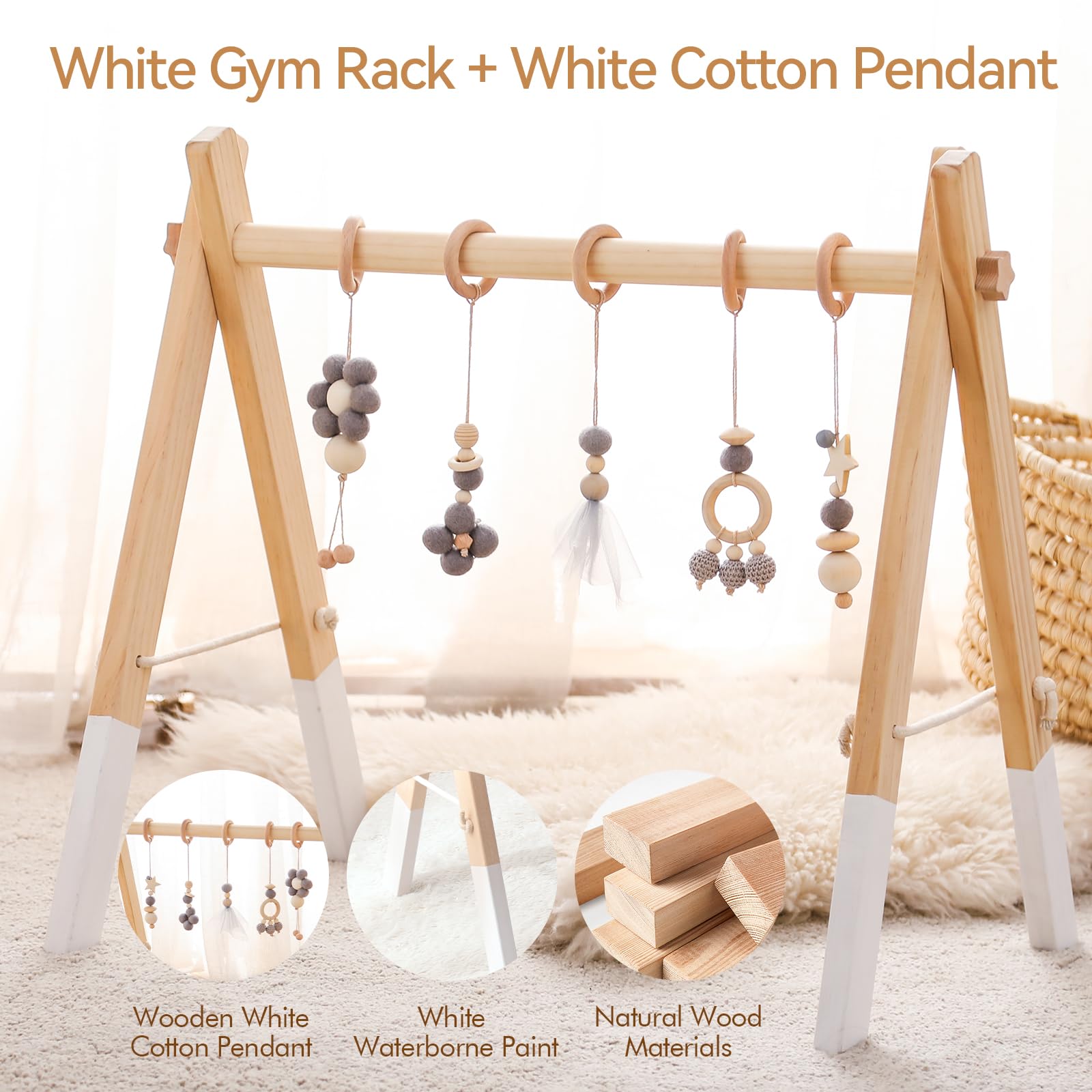 Promise Babe Wooden Baby Play Gym Arch with 5 Detachable Sensory Toys, Gray Cotton Pendant Design, Newborn Baby Essentials - Image 2