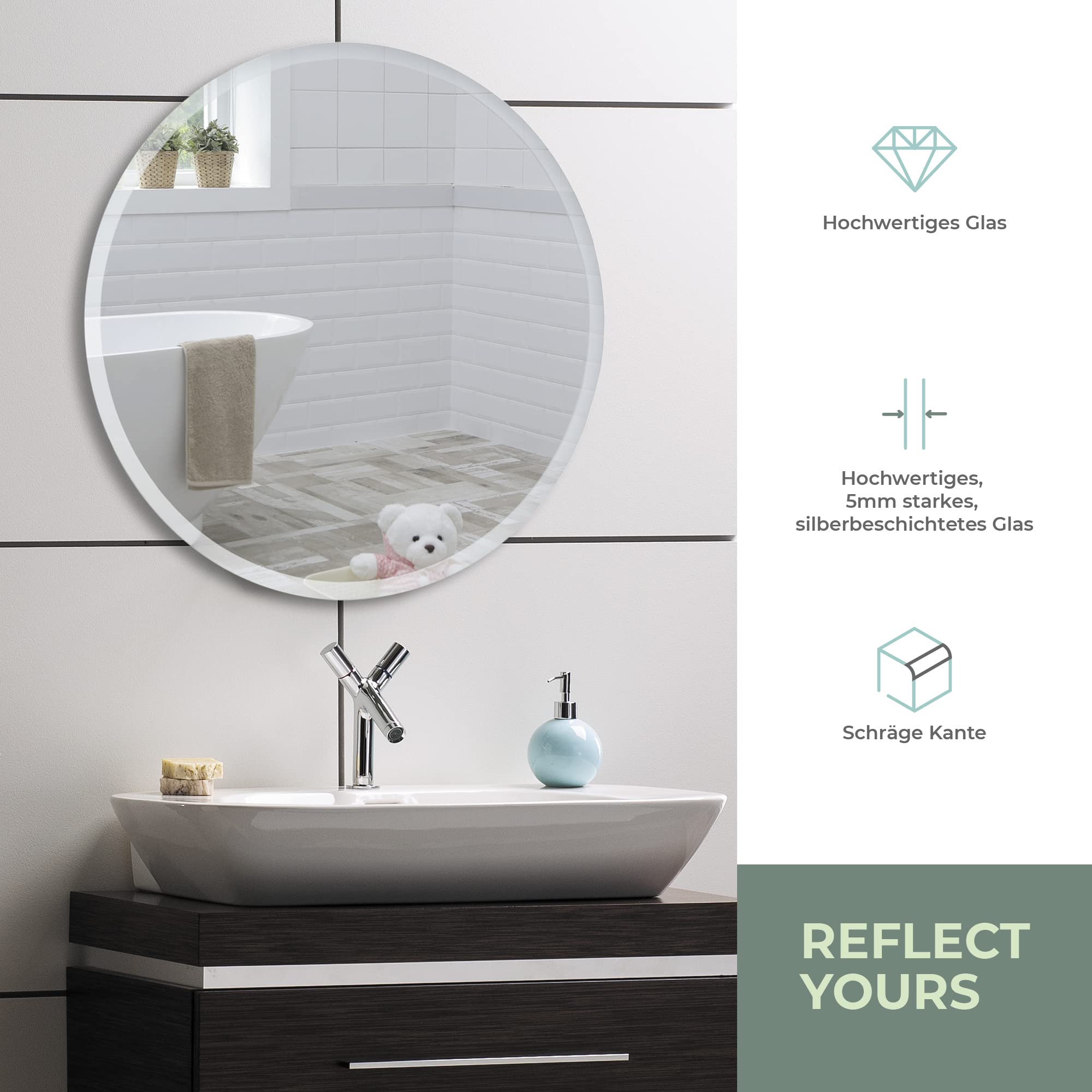 Mood® Runder Premium-Badezimmerspiegel | Wandmontage | abgeschrägter, rahmenloser Spiegel | für Toilette, Gäste-WC, Schlafzimmer, Flur (60 cm x 60 cm)