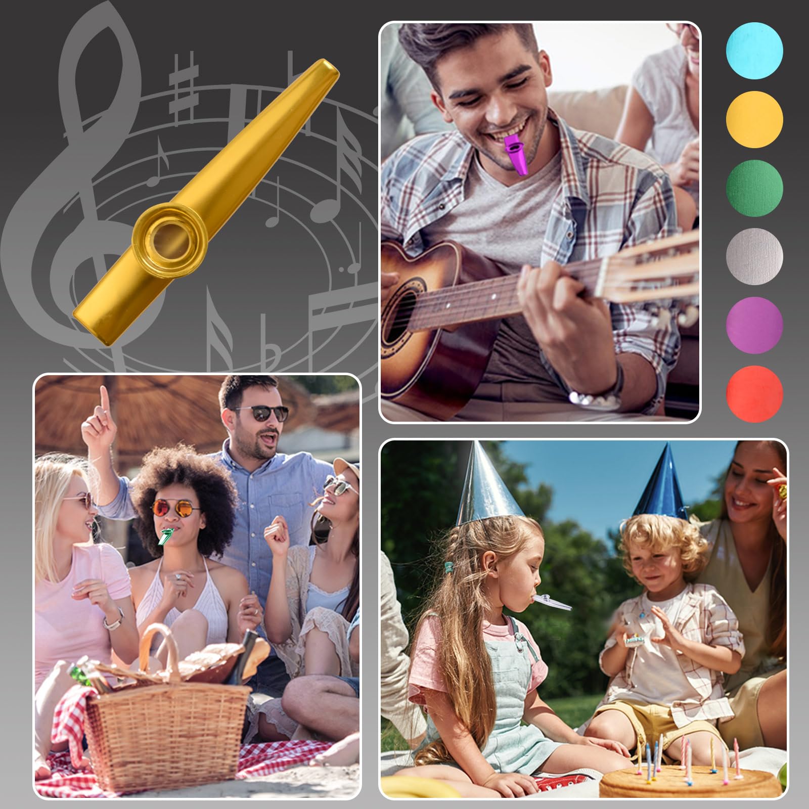 WANDIC Kazoo Alliage d'aluminium doré avec 3 membranes de flûte Diaphragme Bouche Kazoos Instruments de musique avec Boîte-Cadeau Vintage