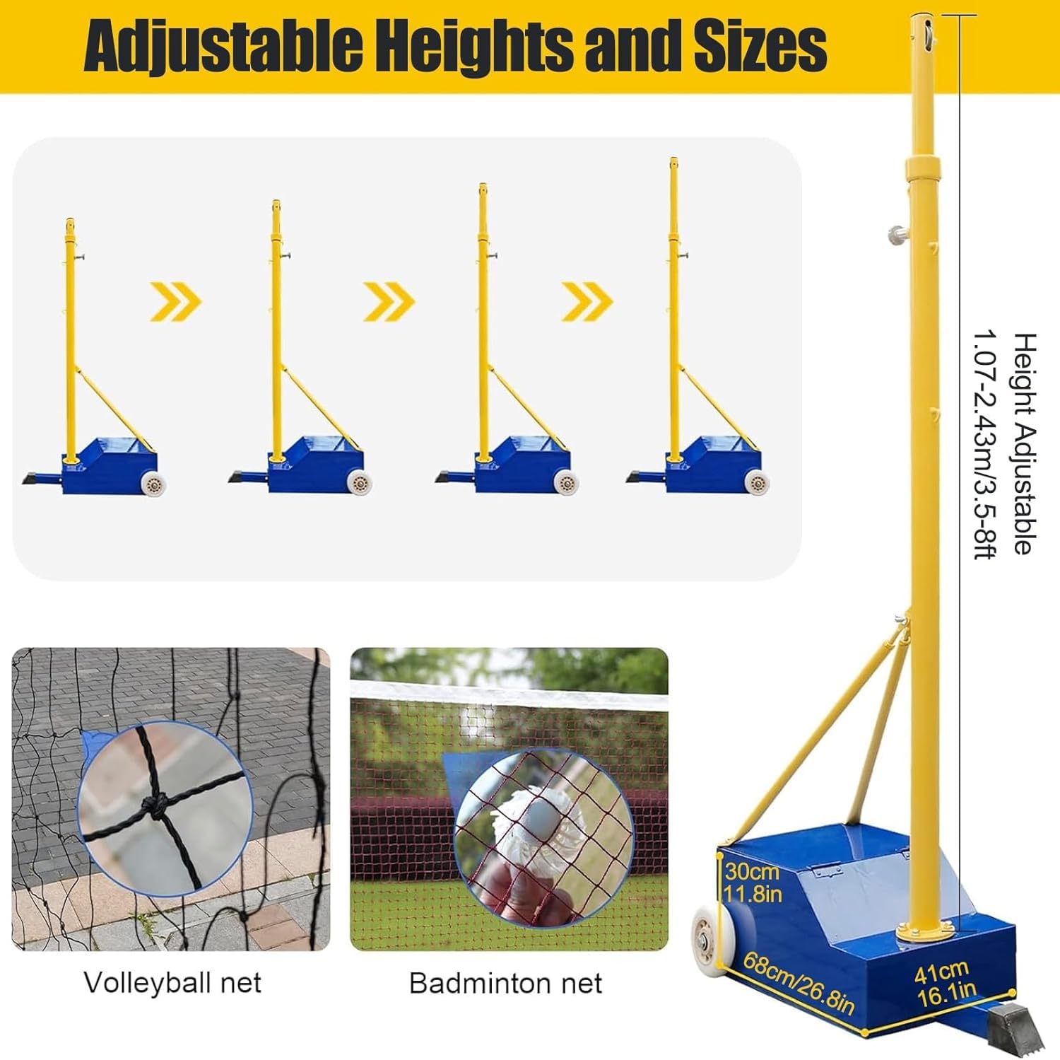 Poste de Voleibol, Poste de Red de bádminton con Altura Ajustable, Postes de Voleibol Resistentes para Interiores y Exteriores con Ruedas y Red, para estadios de Adultos y niños.
