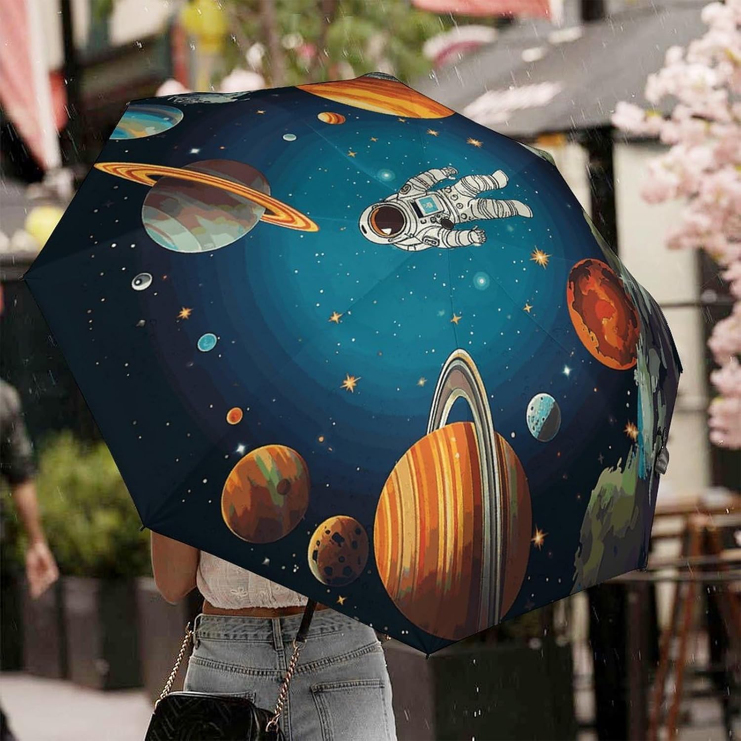 Outer Space Rocket Astronaut Umbrella for Rain Golf Umbrella | 43.3 inch Travel Portable Automatic Folding Umbrella for Rain Lightweight Travel Umbrella for Women Men