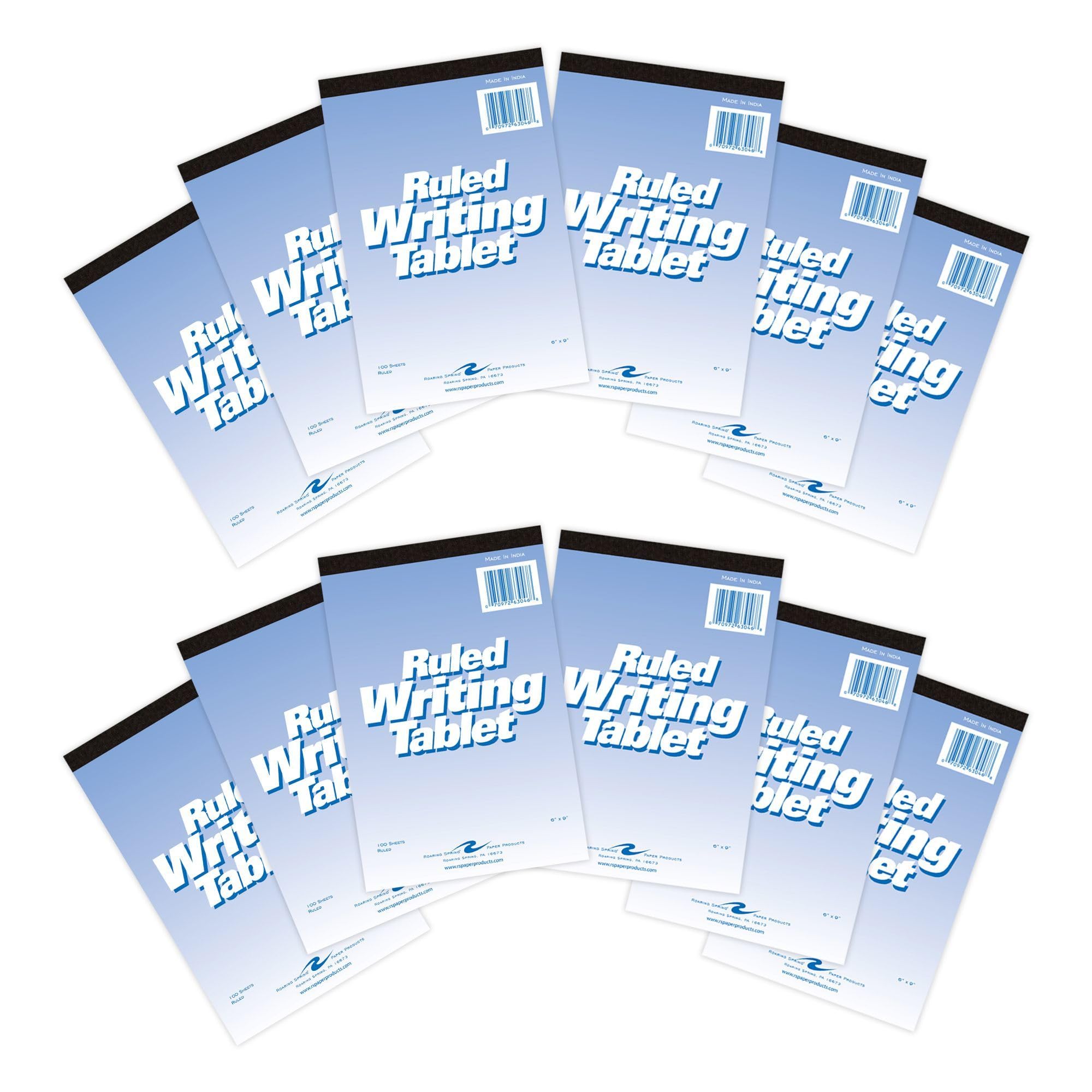 Roaring Spring 6x9 Writing Tablets 12-Pack 100 Sheets 15lb White Paper Wide Ruled Heavy Backer Board Top Edge