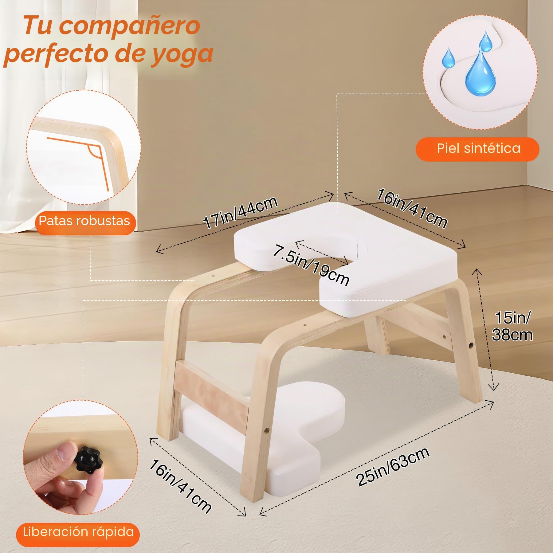 REDCAMP Taburete de yoga (madera, hasta 150 kg, acolchado de poliuretano, resistente, color blanco) | Silla de yoga de alta calidad, con pies antideslizantes, para principiantes, para gimnasia, interior y exterior