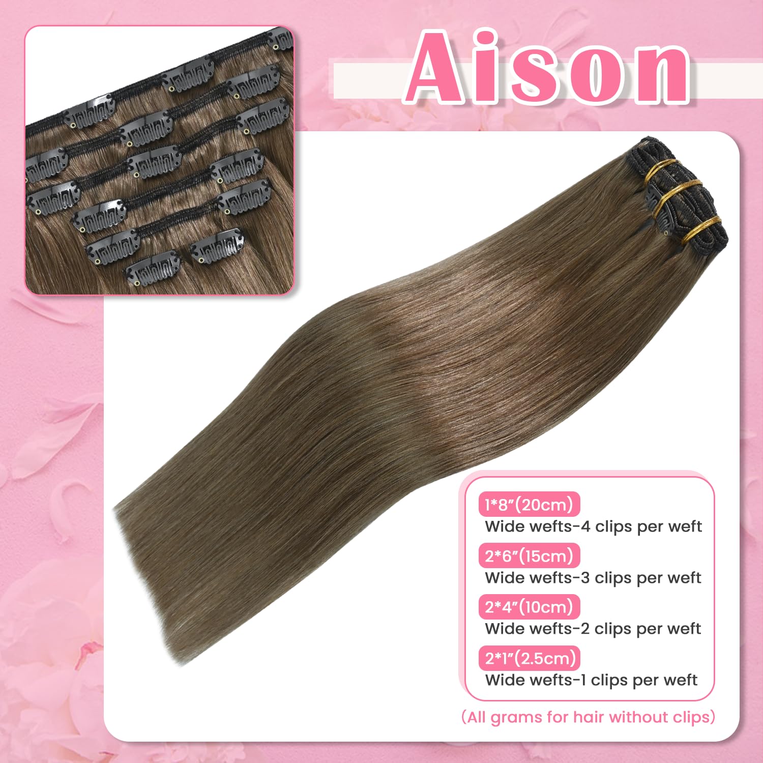 Aison Ash Brown Hair Extensions Real Human Hair Clip in 75G 100% Remy Human Hair Soft Silky Straight 7pcs 16clips (18 Inch #8)