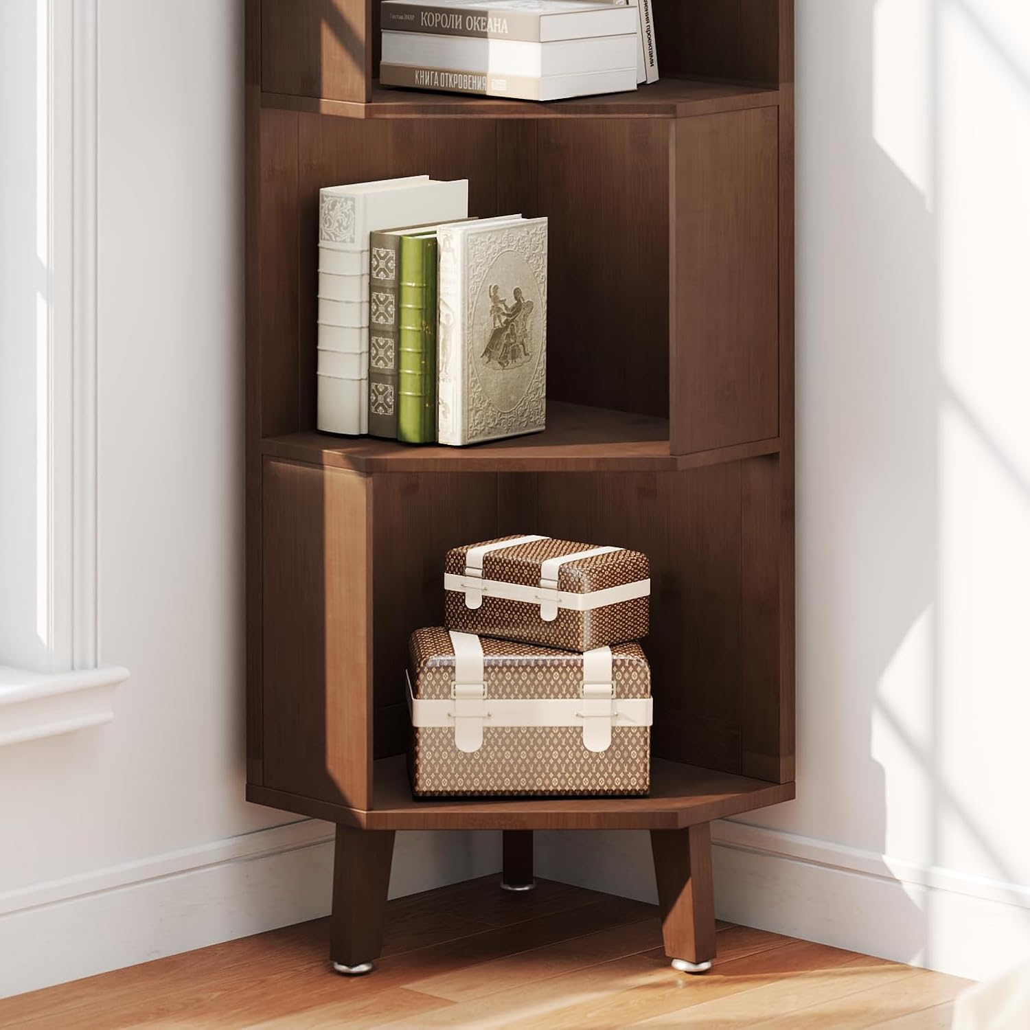 5-Tier Corner Bookshelf Bamboo Bookcase 71.5″ Corner Storage Shelves for Living Room,Bedroom,Kitchen, Study,Home Office