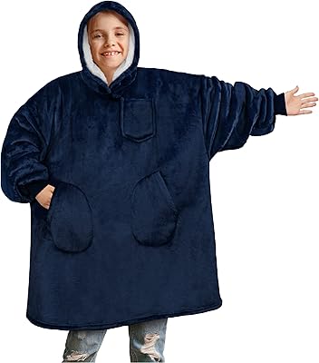 PAVILIA Wearable Blanket Sweatshirt for Kids Boy Girl, Warm Cozy Giant Hoodie with Two Pockets and Long Sleeves, Fleece Sherpa Oversized Hooded Blanket Pullover Gift for Teens Youths, Navy
