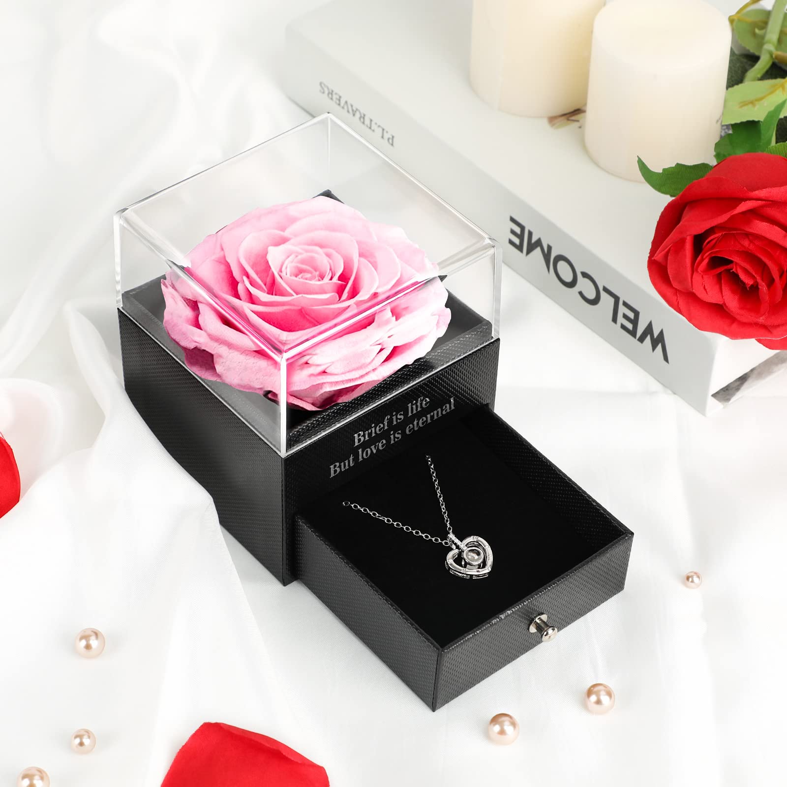 Adaz Women's Silver+Pink Preserved Real Rose, Handmade Eternal Rose For Gifts For Her Girlfriend Wife Mother Present For Birthday, Valentine's Day, Anniversary, Mother's Day, Christmas
