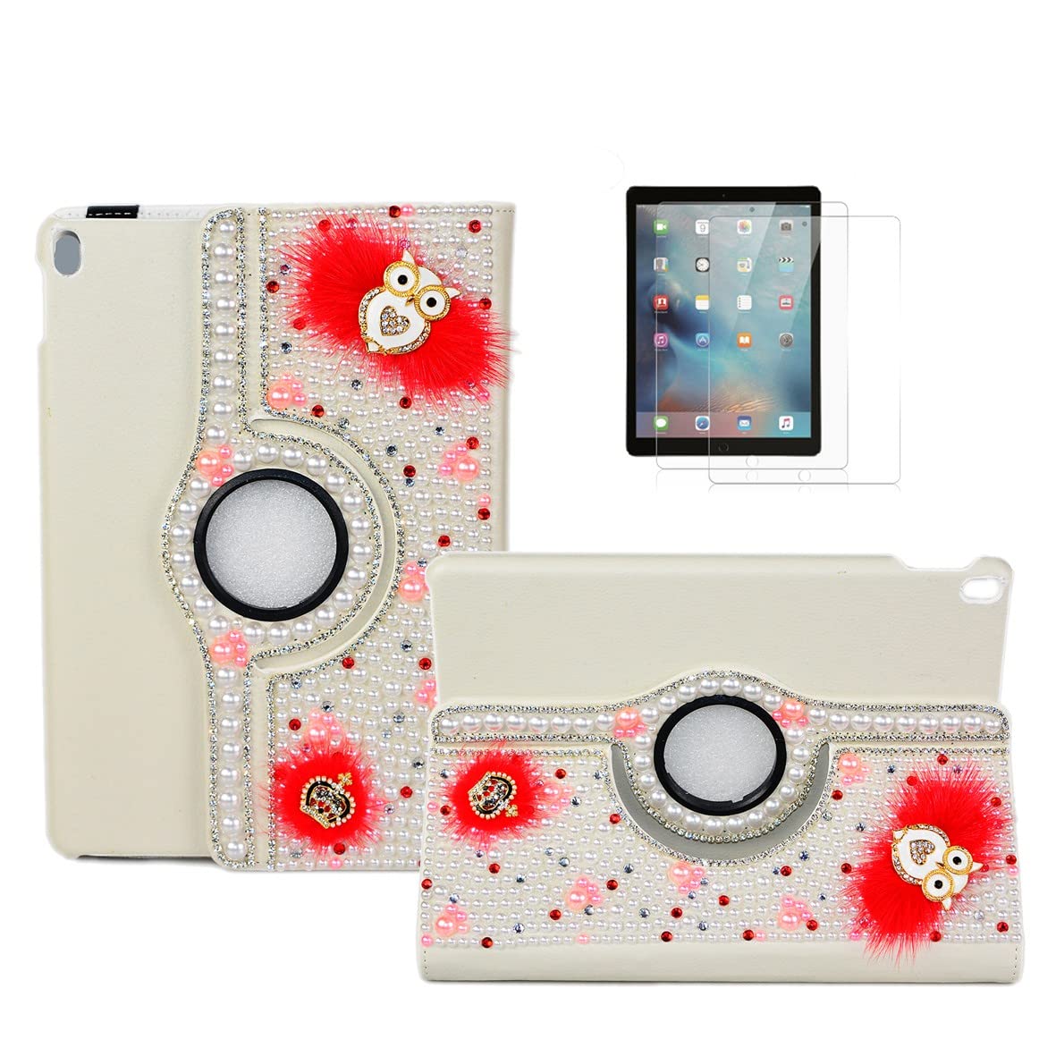STENES Bling Case Compatible with iPad Pro 11 inch 2021 - Stylish - 3D Handmade Crystal Crown Night Owl 360 Degree Rotating Stand Case with Smart Cover Auto Sleep/Wake Feature - Red