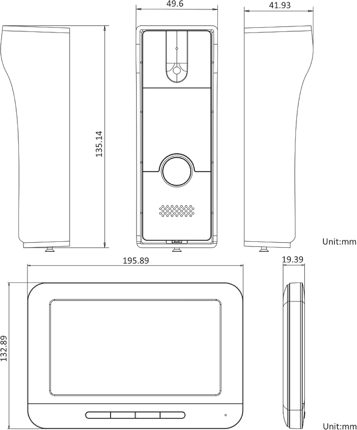 Technical drawing with dimensions of Hikvision DS-KIS202T indoor monitor and outdoor unit.