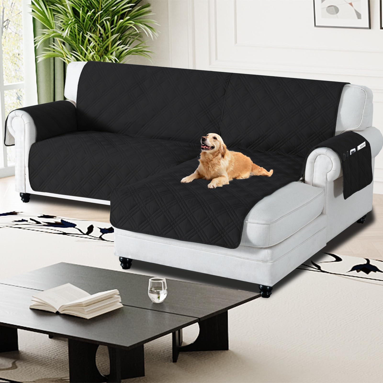 H.Versailtex 100% Waterproof Couch Covers for Sectional Sofa 2-Piece Couch Covers Sectional Chaise Sofa Cover L Shaped for Dogs Non Slip (Right Chaise Lounge Cover + 2 Seat Sofa Cover, Black) โ image 1