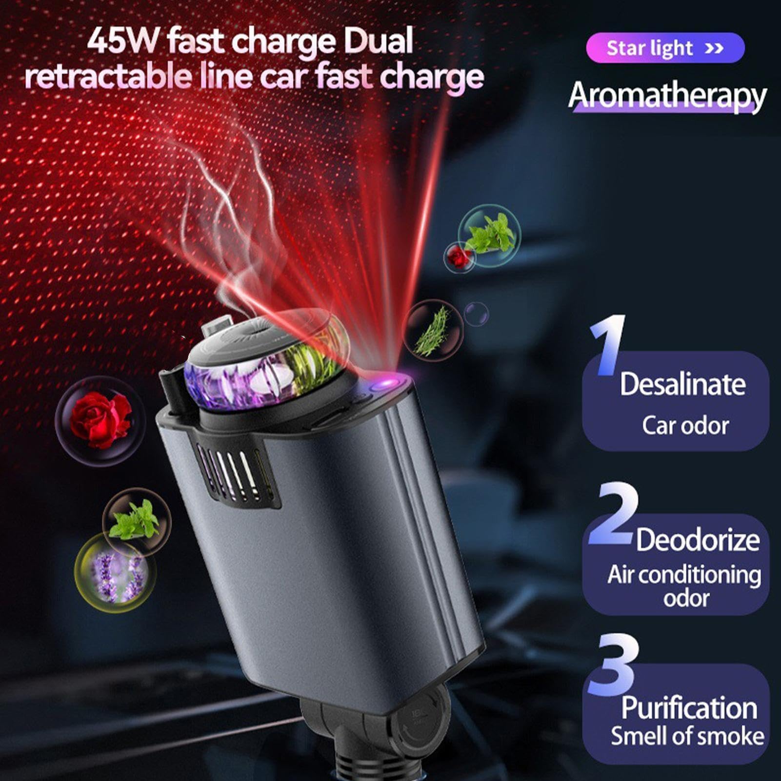 Cargador de coche retráctil 5 en 1 | ABS + metal, 66 W, 12-24 V | Carga por cable súper rápida con spray de aroma y proyección | Cargador de teléfono multifunción D1 para vehículo