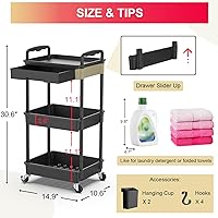 Vista 4 de Goovilla Organizador de carrito utilitario de 3 niveles con cajón extraíble, carritos de almacenamiento rodantes negros estables y resistentes con 2