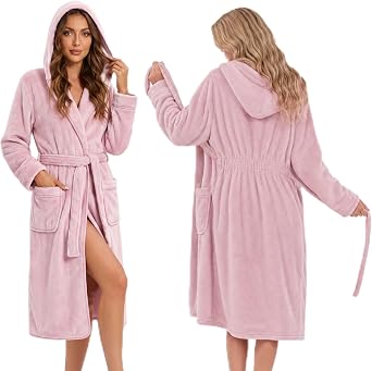 HEARTNICE Womens Hooded Fluffy Robe, Soft Long Bathrobe with Cinched Waist, Cozy Housecoat with Pockets