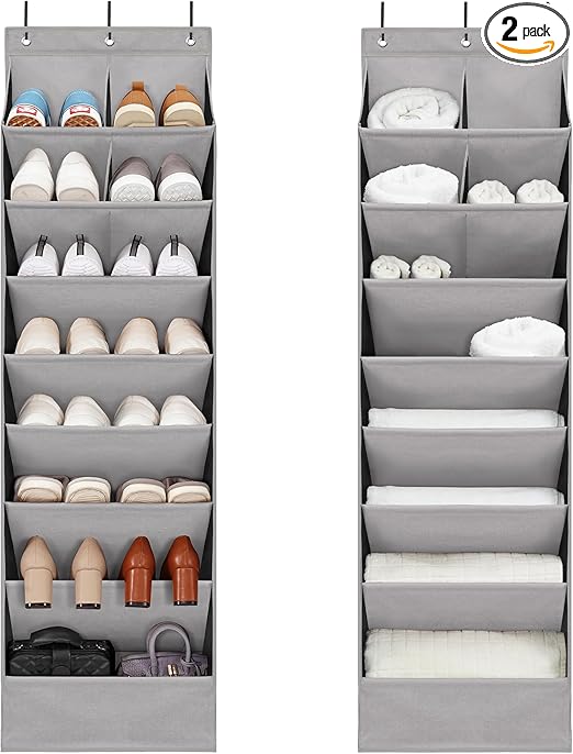 2 Pack Minimalist Grey Over the Door Shoe Organizer with 10 Pockets, Hanging Closet Storage Rack for Shoes, Sneakers, Accessories