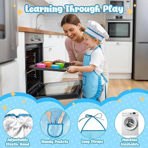 Miniatura 4 de LovesTown Juego de 32 piezas para hornear para niños, disfraz de chef con sombrero de chef, delantal, accesorios de cocina para cumpleaños,