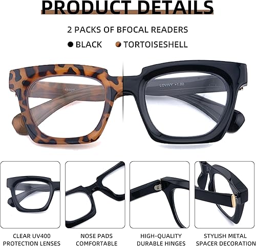 Miniatura 3 de LOVIVY Gafas de lectura bifocales para mujer, de gran tamaño, doble enfoque, luz azul, Oprah, sin línea, gafas retro cuadradas transparentes