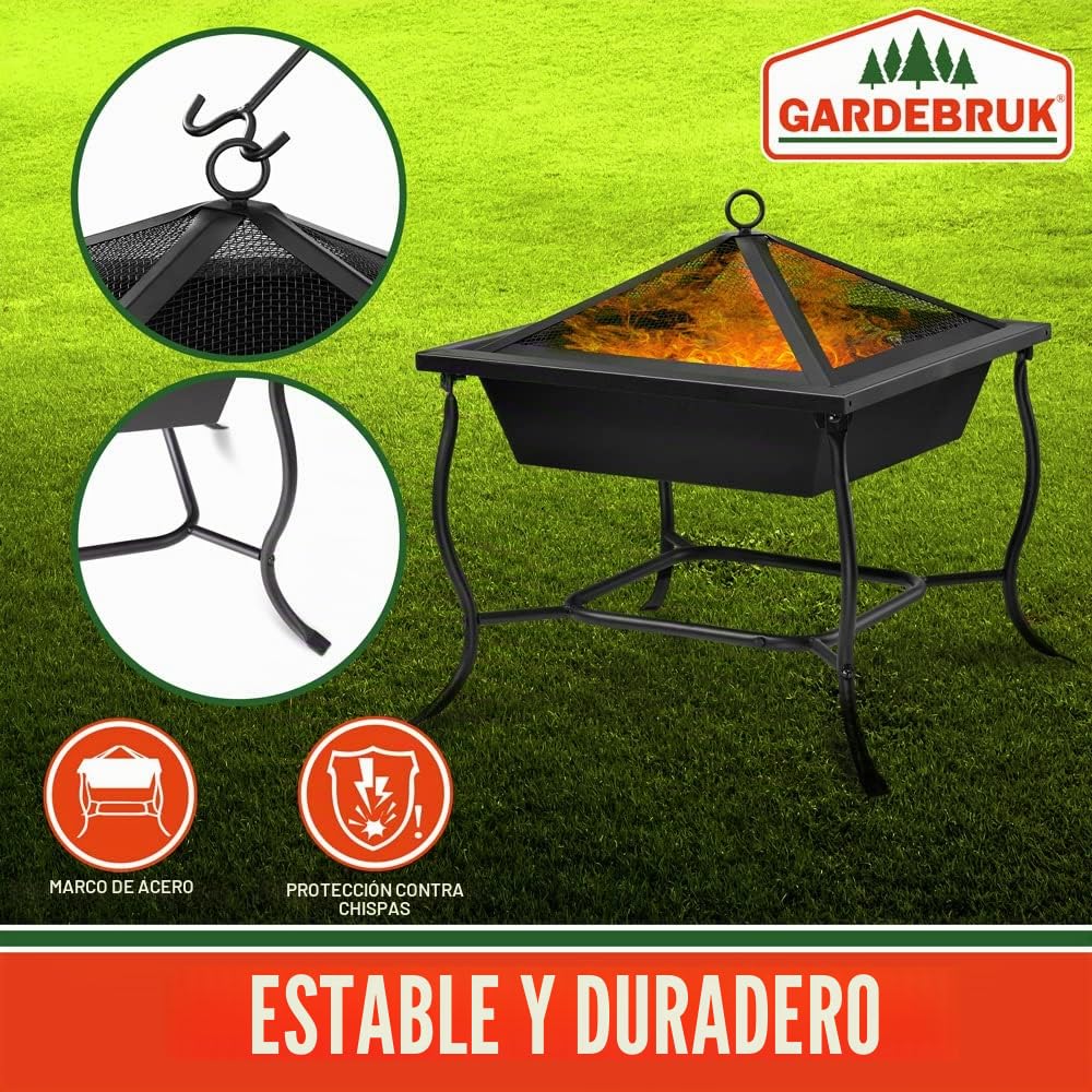 Gardebruk Brasero para Leña 45x45cm Hoguera Exterior Tapa y Atizador Pozo de Fuego Chimenea Jardín
