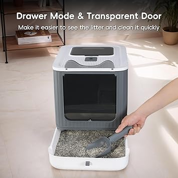 Foldable Cat Litter Box, Fully Enclosed Litter Box with Lid, Covered Kitty Kitten Litter Boxes Enclosure with Scoop, Odor Control, Easy to Clean, 3 Modes for Cat up to 12 lbs(White&Grey)