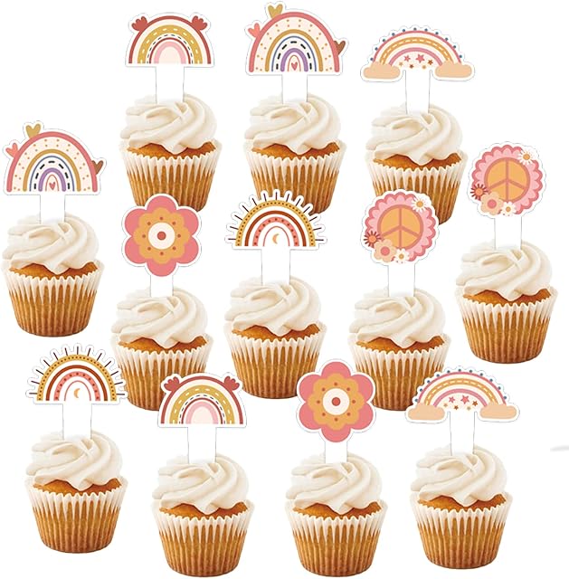 Easy Joy 24pcs Rainbow Cupcake Toppers Cute Cloud Flower Birthday Party Table Decorations Baby Shower Birthday Wedding Decors